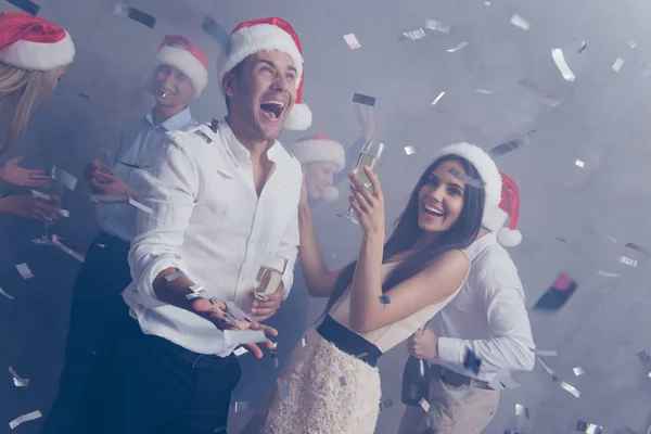 Shining shower! Closeup cropped of amazed festive crowd of youth on luxury feast, in classy outfits, so glamorous and fancy! Relax disco funky mood, celebrating newyear in traditional headwear — Stock Photo, Image