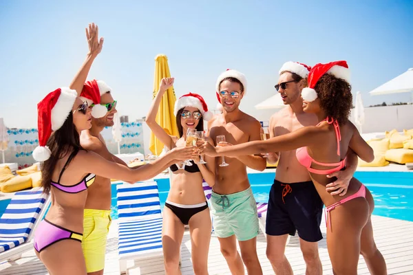 Crazy seasonal feast at beach resort. Six international hot teen — Stock Photo, Image