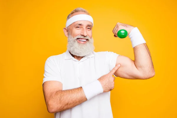 Check this out! Cheerful excited modern cool pensioner grandpa p — Stock Photo, Image