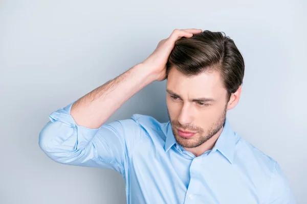 Close up photo portrait of handsome confident guy  touching his — Stock Photo, Image