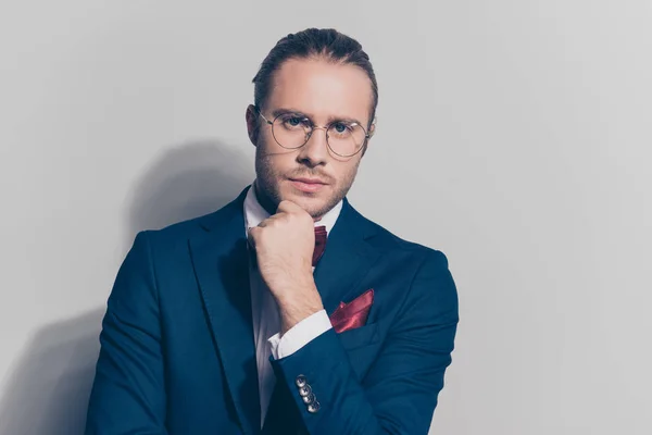 Close up portrait of handsome confident thoughtful man in tuxedo — Stock Photo, Image