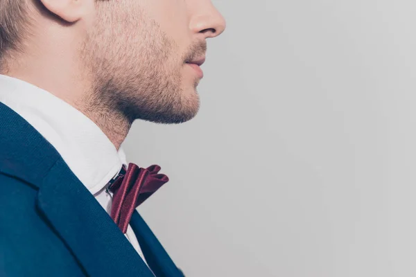 Close up portrait of half face profile of bearded man in tux wit — Stock Photo, Image