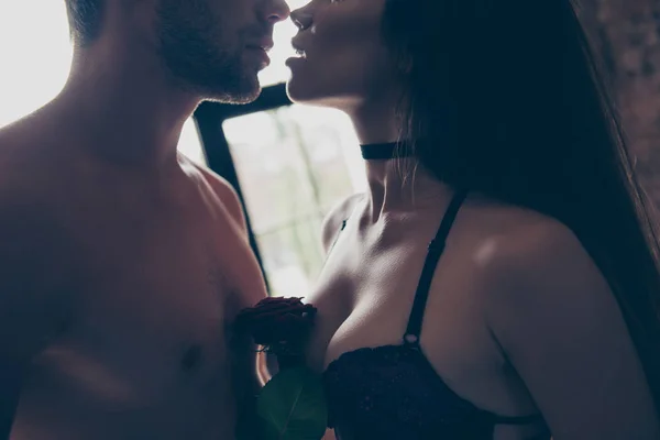 Cropped close up photo of long desired passionate seductive kiss — Stock Photo, Image