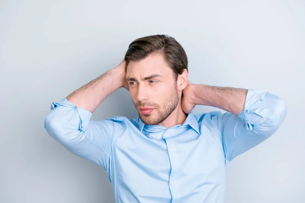 Close up portrait of attractive man touching his perfect hair an — Stock Photo, Image