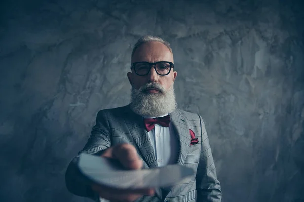 Professional, cunning, old gambler in tuxedo with bow, glasses, — Stock Photo, Image