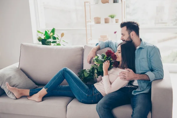 Romance gentle calm atmosphere! Cheerful excited enamored dresse — Stock Photo, Image