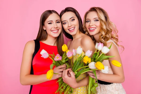 Mooie, leuke, charmante, succesvolle trio van meisjes in jurken met — Stockfoto