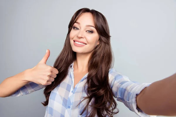 Self portrait of nice, attractive, gorgeous woman in checkered s — Stock Photo, Image