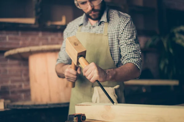 Cropped close up photo of serious confident hardworking joiner, — Stock Photo, Image