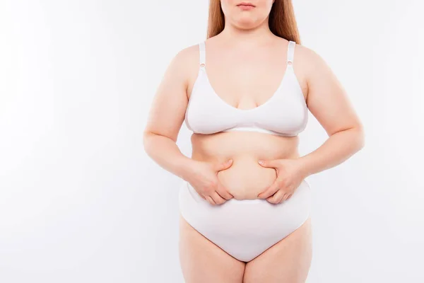 Cropped close up photo of fat model's body wearing white tighten — Stock Photo, Image