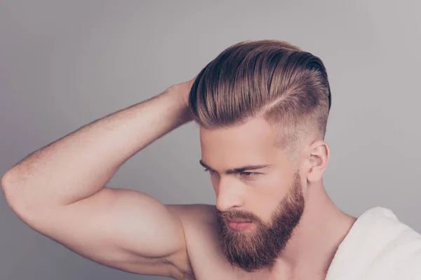 Top above side profile half-turned photo of handsome serious con — Stock Photo, Image