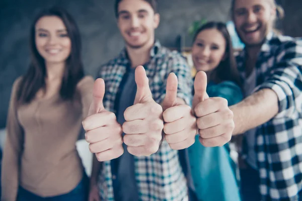 Close up portrait of four thumbs up from cheerful, joyful friend — Stock Photo, Image