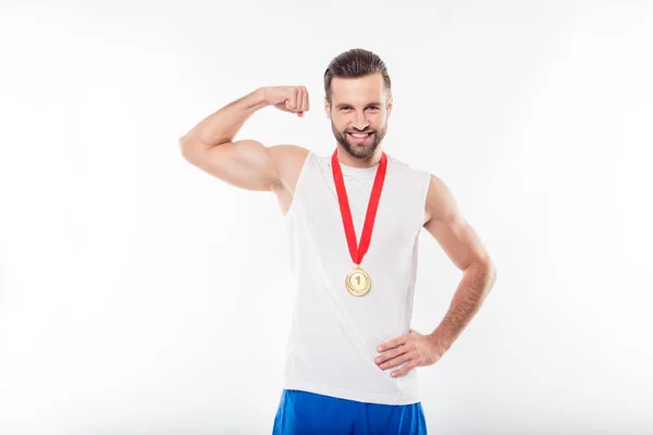 Lucky, attractive, powerful, sporty, athletic man having gold me — Stock Photo, Image