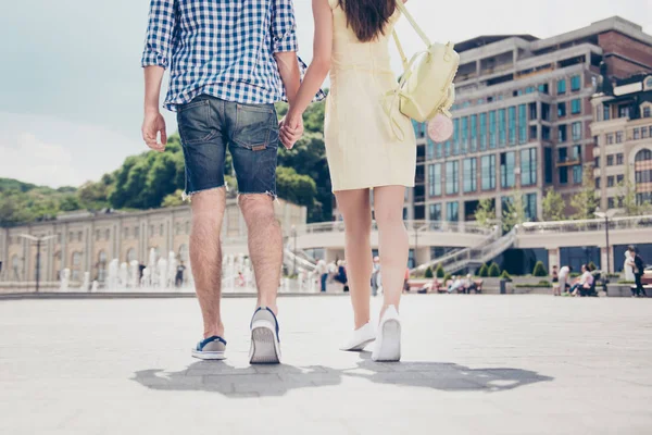 Rear view cropped low angle portrait of lovely couple's feet in — Stock Photo, Image