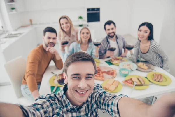 Handsome, attractive, stylish man making self portrait with best — Stock Photo, Image