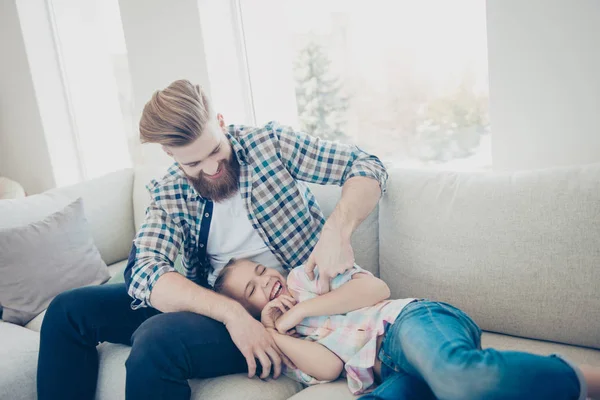 Family with one parent, stylish father with good humor kidding w — Stock Photo, Image