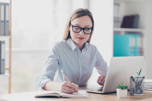 Portrait of charming director, pretty, nice woman holding pencil — Stock Photo, Image