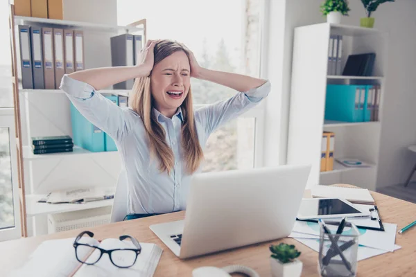 Portrait of stressed, crying, stylish, worried woman in shirt to — Stock Photo, Image