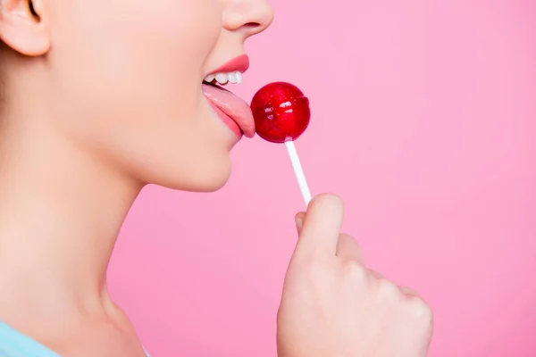 Cropped close up side profile colorful photo of woman's tongue l — Stock Photo, Image