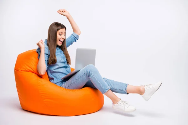 Profile side view of her she nice attractive lovely cute cheerful cheery girl sitting in bag chair using laptop celebrating success project start-up isolated over light white color background — 스톡 사진