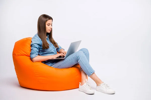 Full size profile side photo of serious concentrated girl work on her computer chat with start-up clients sit big bag lounge chair wear casual style clothing isolated over white color background — 스톡 사진