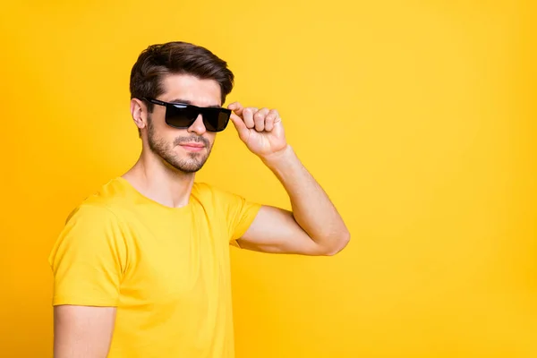 Close-up portrait of his he nice attractive virile masculine brutal serious guy touching specs isolated over bright vivid shine vibrant yellow color background — 图库照片