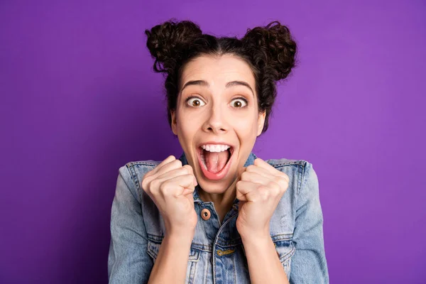 Close up photo of crazy funny funky youth lucky girl hear wonderful news about her award contest victory scream wow omg raise fists wear stylish trendy clothing over purple color background — Stock fotografie