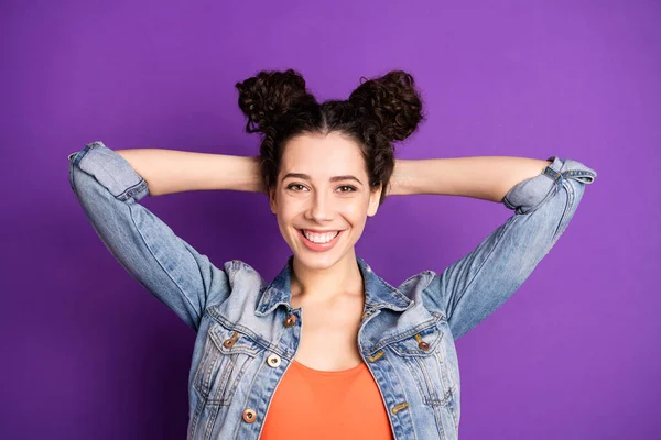 Top above high angle photo of positive cheerful girl lie have rest on spring holidays feel content wear good-looking outfit isolated over bright color background — 스톡 사진