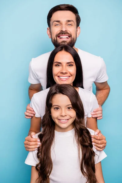 Portrait of cheerful positive stack of mom dad schoolkid enjoy fun feel harmony dream wear white stylish trendy casual t-shirt outfit isolated over pastel color background — Stock Photo, Image