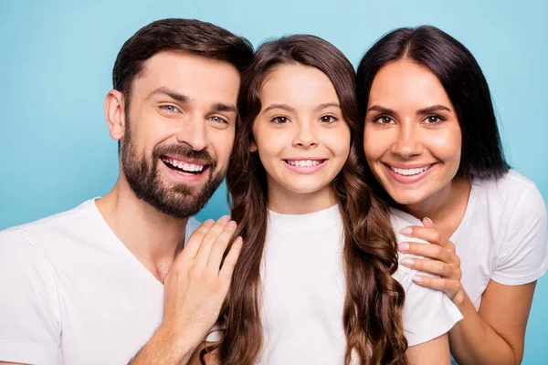 Close up photo of cheerful content three people dream lean shoulders enjoy weekend rest relax wear white stylish trendy t-shirt isolated over blue color background — Stock Photo, Image