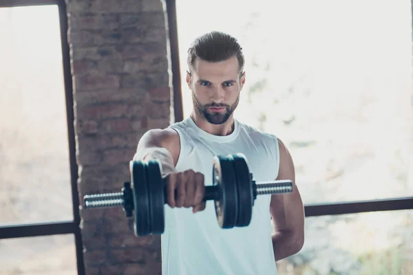 Foto de guapo barba caliente chico mañana entrenamiento bíceps músculos levantar pesada mancuerna tentadores ojos mirar ropa deportiva tanque-top entrenamiento casa estudio grandes ventanas interior —  Fotos de Stock