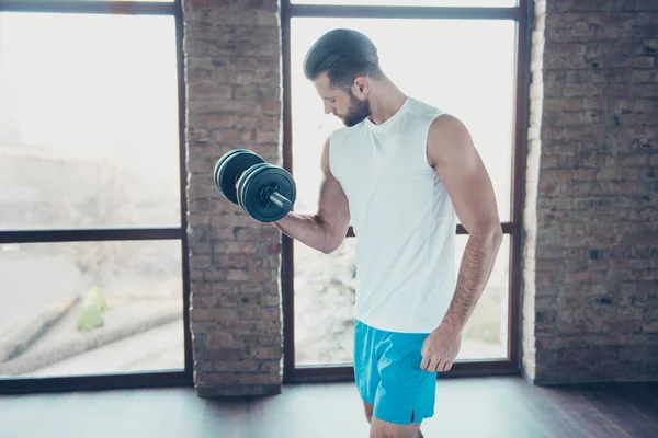 Profile photo of handsome beard guy morning training biceps muscles lift heavy dumbbell sportswear tank-top shorts training house studio big windows indoors — Stock Photo, Image