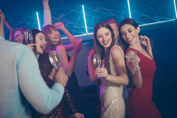 Birthday day occasion holiday event loud sound concept. Photo of excited crazy carefree in short mini dress formal wear ladies guys enjoying wine glass beverage dancing on dj music