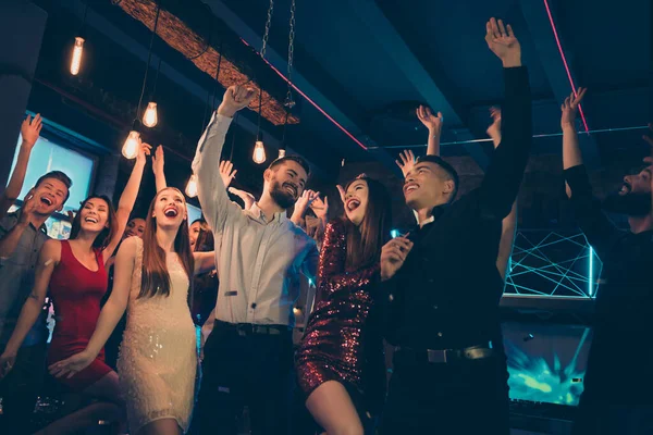 Low below angle view photo of crazy ecstatic excited cheerful people dressed in formalwear rejoicing with having fun together in good company — Stock Photo, Image