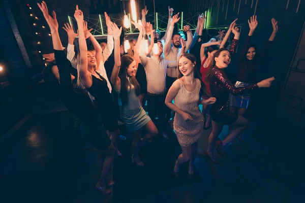 Top above high angle photo of crazy cheerful students corporate company want celebrate mate birthday visit nightclub enjoy music dance scream have fun party wear formalwear dress