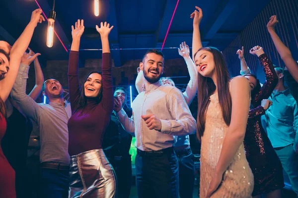Low angle view photo of positive chappy friends celebrate colleges graduation event have party dance on discotheque wear formalwear vogue φορέματα — Φωτογραφία Αρχείου
