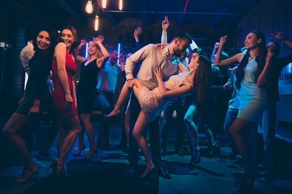 Full length photo of wild crazy company corporate students want celebrate graduation have weekend party fool in discotheque guy and girl in formalwear dress dance lean indoors — Stock Photo, Image