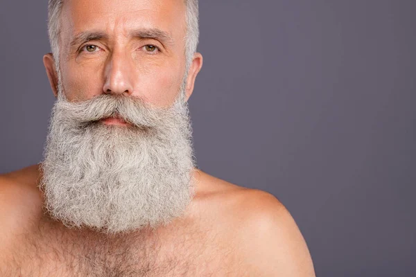 Close up cropped photo of candid serious man standing naked pensively with empty space behind isolated grey color background — Stock Photo, Image