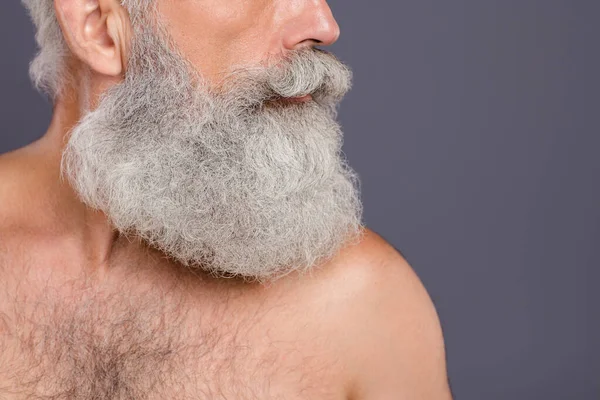Close up cropped photo of man beard white after being cut by hairdresser isolated over grey color background — Stock Photo, Image