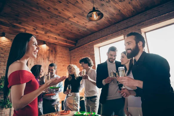 Portrait of nice attractive charming lovely cheerful cheery guys gathering enjoying festal day tradition together talking communicating at modern industrial brick wood loft style interior house — Stock Photo, Image