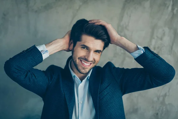 Close up photo of happy joyful content entrepreneur have job partnership meeting visit barbershop enjoy haircare treatment look mirror touch haircut wear modern jacket isolated grey color background — Stok Foto
