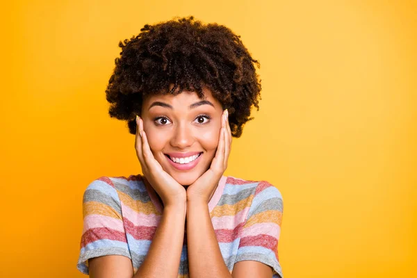 Close up photo of pretty sweet attractive gorgeous fascinating youngster smiling toothily touching her cheeks looking with admiration isolated vibrant color background — Stock Photo, Image