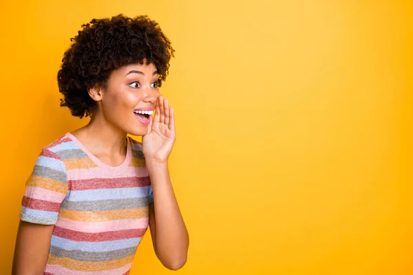 Foto de bela pele escura encaracolado modelo senhora segurando mão perto da boca compartilhamento rumores informação multidão desgaste casual listrado t-shirt isolado fundo amarelo — Fotografia de Stock