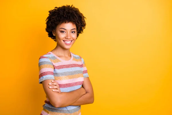 Photo of cheerful positive cute nice charming pretty girl standing with hands golded smiling toothily showing her intelligence isolated over vivid color background — Stock Photo, Image