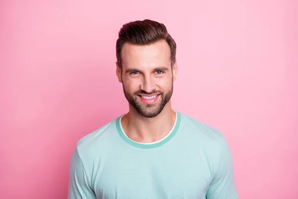 Close up photo of cheerful glad man in spring modern outfit optimistic freelancer stare isolated over pink color background — Stock Photo, Image