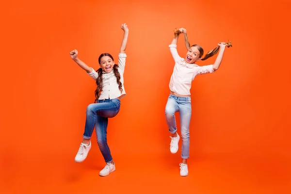 Foto em tamanho completo de loucas duas namoradas se divertir no outono fins de semana levantar braços segurar rabos gritar sentir desgaste selvagem roupas estilo casual isolado sobre cor laranja fundo — Fotografia de Stock