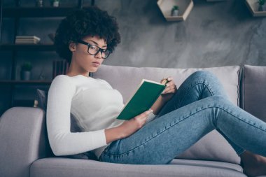 Profile photo of pretty dark skin curly lady holding favorite historic love novel hands reading seriously sitting cozy couch wear specs casual sweater jeans outfit flat indoors clipart