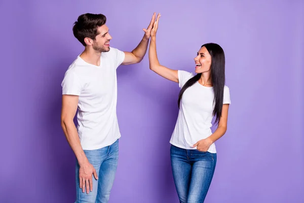 Portrait of his he her she nice attractive lovely cheerful cheery glad couple clapping palms great good team work collaboration agree deal done isolated on purple violet lilac color pastel background — Stock Photo, Image