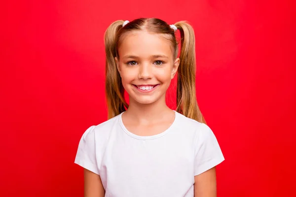 Closeup foto de bela pequena senhora humor positivo newyear feriados início de feixe de dentes sorrindo desgaste casual branco t-shirt isolado vermelho cor viva fundo — Fotografia de Stock