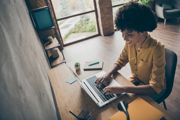 Boven hoge hoek profiel zijkant foto van slimme afro-Amerikaanse ceo agent meisje gebruik computer werk start-up presentatie sit tafel in kantoor loft — Stockfoto